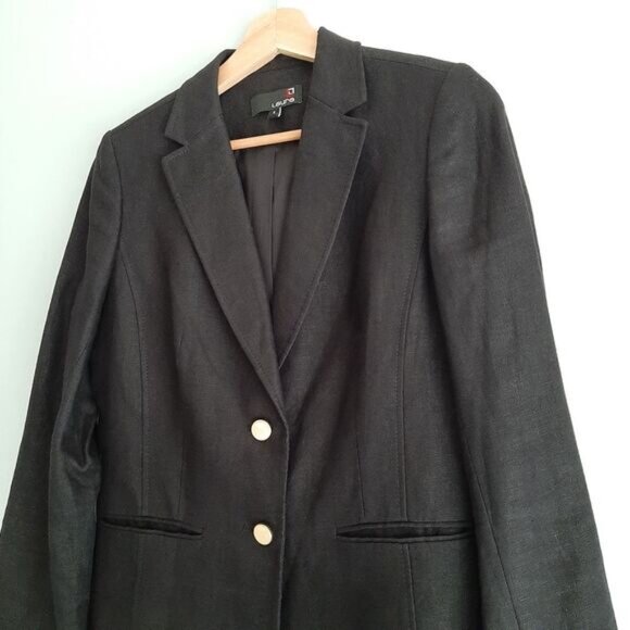 LAURA / 100% Linen Fabric Classic Blazer Jacket Button Front Neutral Black Sz 4 - Picture 8 of 15